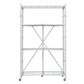4-Tier Foldable Storage Shelf, 36W x 21D x 60 H Inch Folding Metal Rack Shelving Unit, No Assembly Organizer Shelf with 5 Wheels & 4 Hooks for Pantry