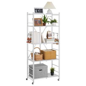 5-Tier Foldable Storage Shelf, 28 W x 15D x 64H Inch Folding Metal Rack Shelving Unit, No Assembly Organizer Shelf with 5 Wheels & 4 Hooks for Pantry