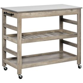 Rolling Kitchen Cart, Gray, with Stainless Steel Countertop, Bottom Shelf, Slotted Middle Shelf, 4 Castor Wheels