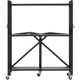 3-Tier Foldable Storage Shelf, 30W x 13D x 36H Inch Folding Metal Rack Shelving Unit, No Assembly Organizer Shelf with 5 Wheels & 4 Hooks for Pantry