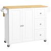 Rolling Kitchen Island Cart with Drop Leaf, 3 Drawers, Cabinet, Natural Wood Top, Spice & Towel Rack, White