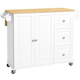 Rolling Kitchen Island Cart with Drop Leaf, 3 Drawers, Cabinet, Natural Wood Top, Spice & Towel Rack, White