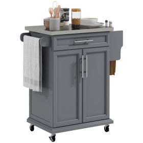 Kitchen Island on Wheels, Gray, with Drawer, Stainless Steel Top, Utility Cart with Towel & Spice Rack