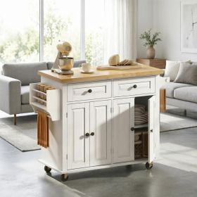 White 44 Inch Mobile Kitchen Island Table with Storage Cabinets And 2 Drawers on Wheels for Kitchen Organization
