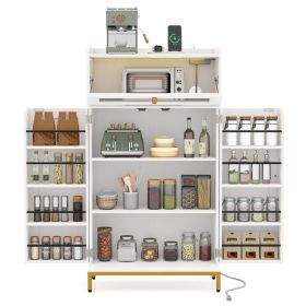 White + Gold Kitchen Pantry Cabinet, Built-in Charging Station (AC/USB/Type-C) & Customizable LED Lights