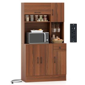 Multifunctional Kitchen Cupboard with Adjustable Shelves, Stemware Rack & Drawer, Anti-Toppling Design