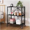 3Tier Heavy Duty Foldable Metal Rack Storage Rack, Removable Organizing Rack with Wheels, Suitable for Garage Kitchen, Black Kitchen Storage Rack