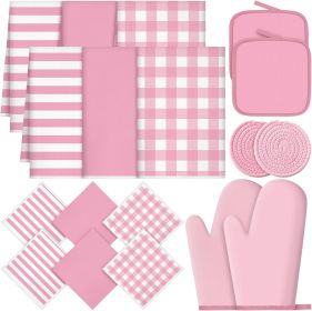 18 Pcs Pink Kitchen Decor Accessories Set Oven Mitts Pot Holders Kitchen Towels Dishcloths Oven Gloves Dish Towels Heatproof Potholders Pink and White