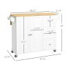 Rolling Kitchen Island Cart with Drop Leaf, 3 Drawers, Cabinet, Natural Wood Top, Spice & Towel Rack, White