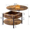 Round Lift Top Small Coffee Table with Storage Modern Farmhouse Center Table with Shelf 2 Tier Circle Table for Living Room Rustic Brown