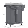 Kitchen Island on Wheels, Gray, with Drawer, Stainless Steel Top, Utility Cart with Towel & Spice Rack