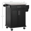 Rolling Kitchen Cart, Black, with Stainless Steel Countertop, Spice Rack, Island on Wheels