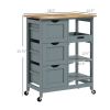 Dining Rolling Kitchen Cart, Gray, with Wood Top, Shelves & Drawers