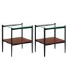 Set of 2 End Tables, Nightstand with Tempered Glass Tabletop, Compact Side Table with MDF Storage Shelf and Sturdy Iron Legs