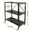 3Tier Heavy Duty Foldable Metal Rack Storage Rack, Removable Organizing Rack with Wheels, Suitable for Garage Kitchen, Black Kitchen Storage Rack