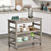 Rolling Kitchen Cart, Gray, with Stainless Steel Countertop, Bottom Shelf, Slotted Middle Shelf, 4 Castor Wheels